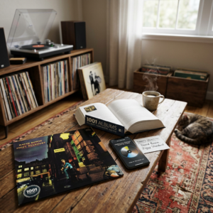 Music nook with turntable, records, book reading “1001 Albums You Must Hear Before You Die,” David Bowie “Ziggy Stardust,” coffee, and cat